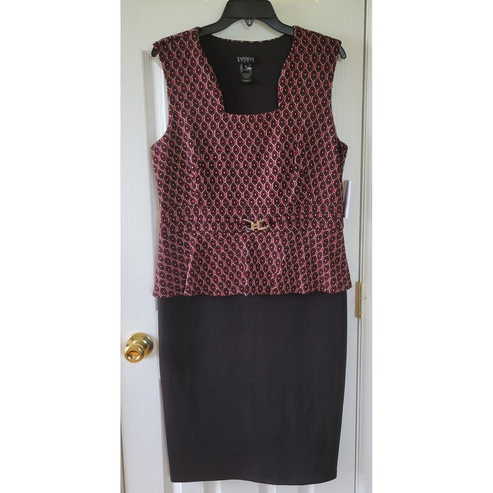 Enfocus Studio Dress Sz 14 Sleeveless Black Red Geometric Pencil Layered Sheath